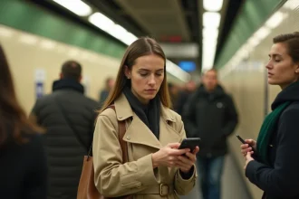 Femme consultant son smartphone sur un quai de métro parisien face à une panne du service Urbanweb RATP