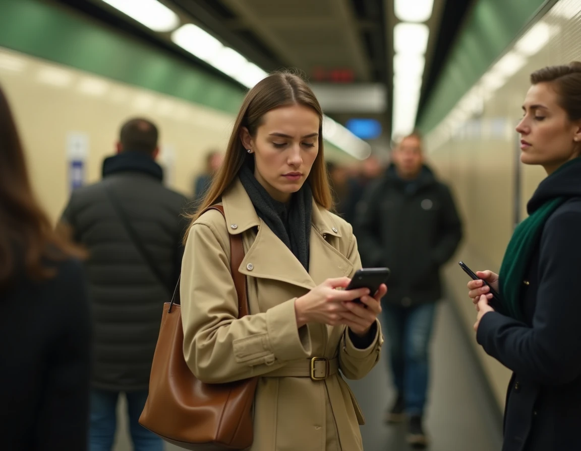 Femme consultant son smartphone sur un quai de métro parisien face à une panne du service Urbanweb RATP