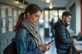 Femme regardant son smartphone devant un bureau de poste