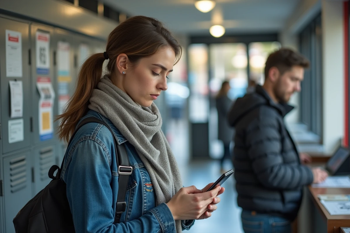 Femme regardant son smartphone devant un bureau de poste