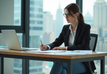 Jeune femme professionnelle planifiant une stratégie au bureau