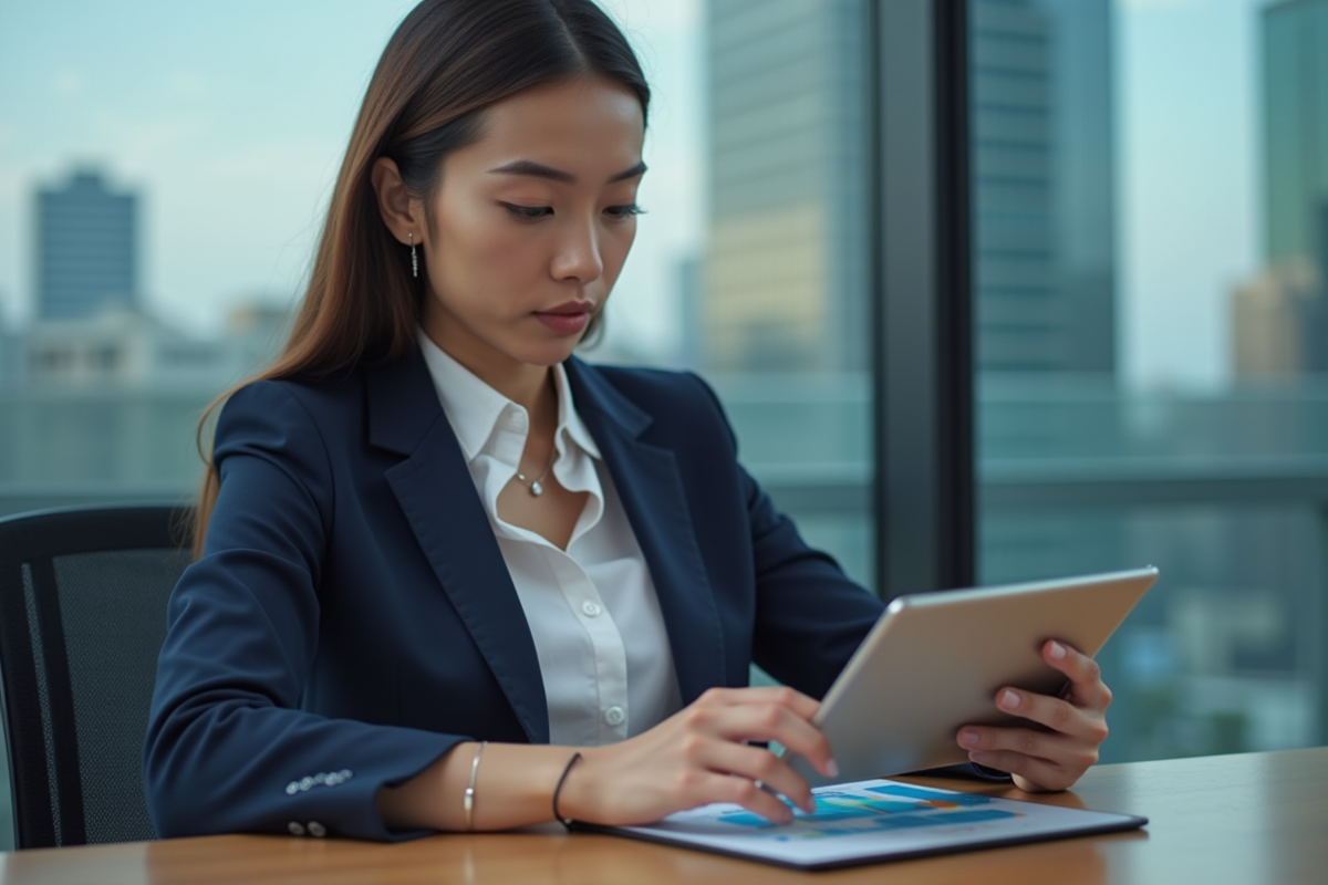 Femme d'affaires en réunion avec stratégie marketing 2025