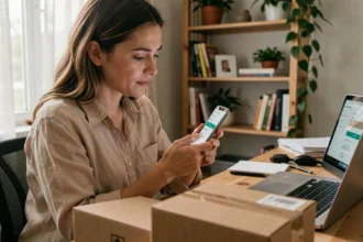 Femme consultant le suivi de colis Harness Hub sur son smartphone à son bureau à domicile