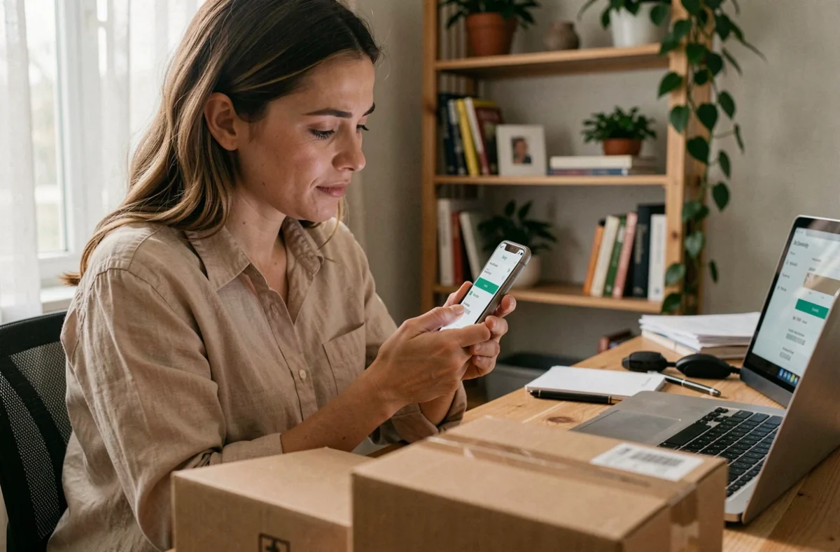 Femme consultant le suivi de colis Harness Hub sur son smartphone à son bureau à domicile