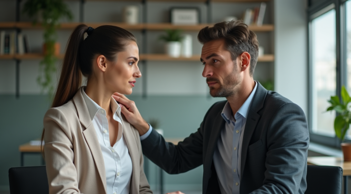 Femme en soutien avec collègue au bureau moderne
