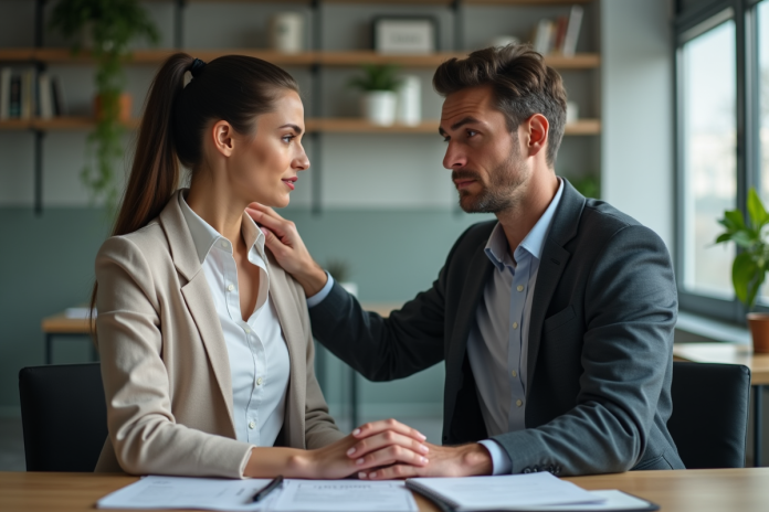 Femme en soutien avec collègue au bureau moderne