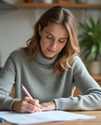 Femme d'âge moyen travaillant à la maison avec des papiers