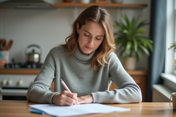 Femme d'âge moyen travaillant à la maison avec des papiers