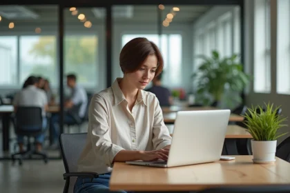 Femme concentr&eacute;e travaillant sur son ordinateur dans un espace coworking
