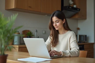 Femme concentrée travaillant sur son ordinateur à la maison