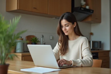 Femme concentrée travaillant sur son ordinateur à la maison