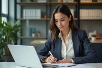 Femme en blouse et blazer au bureau moderne en train de prendre des notes