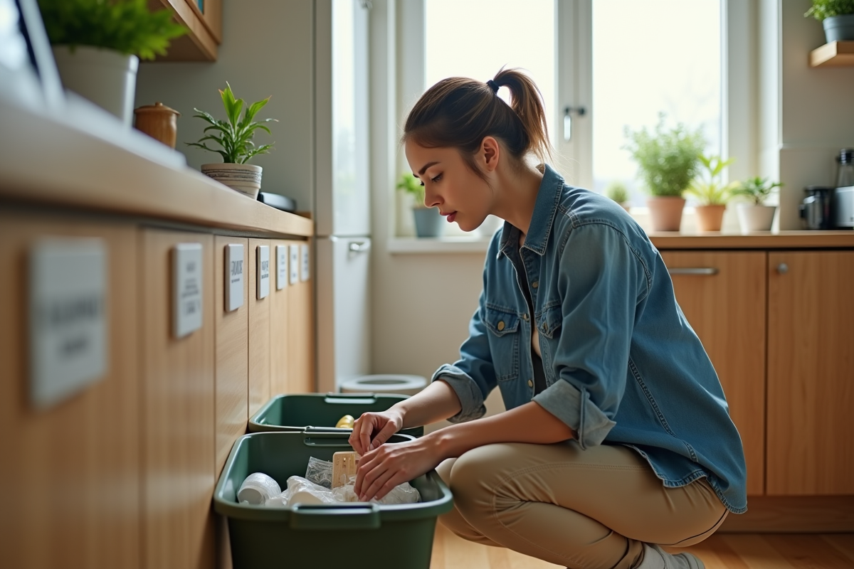 Jeune femme trie des recyclables dans sa cuisine lumineuse