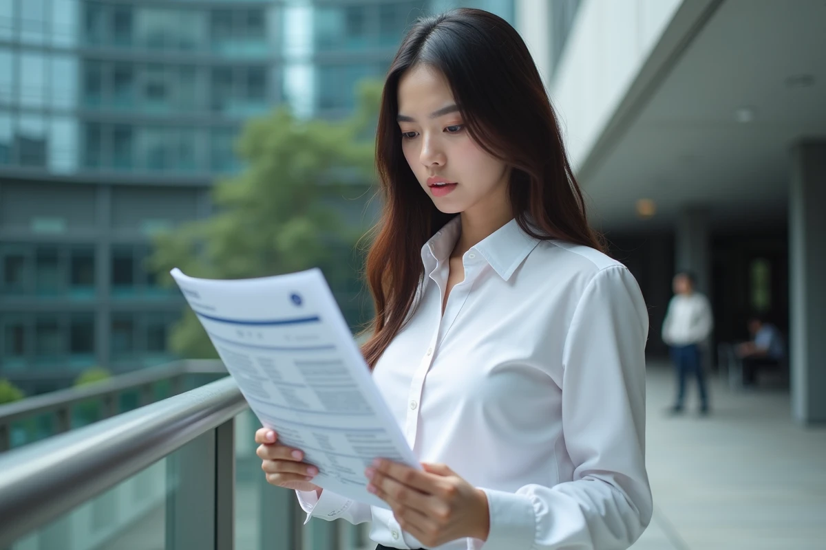 Jeune femme d affaires examine un rapport financier en ext&eacute;rieur