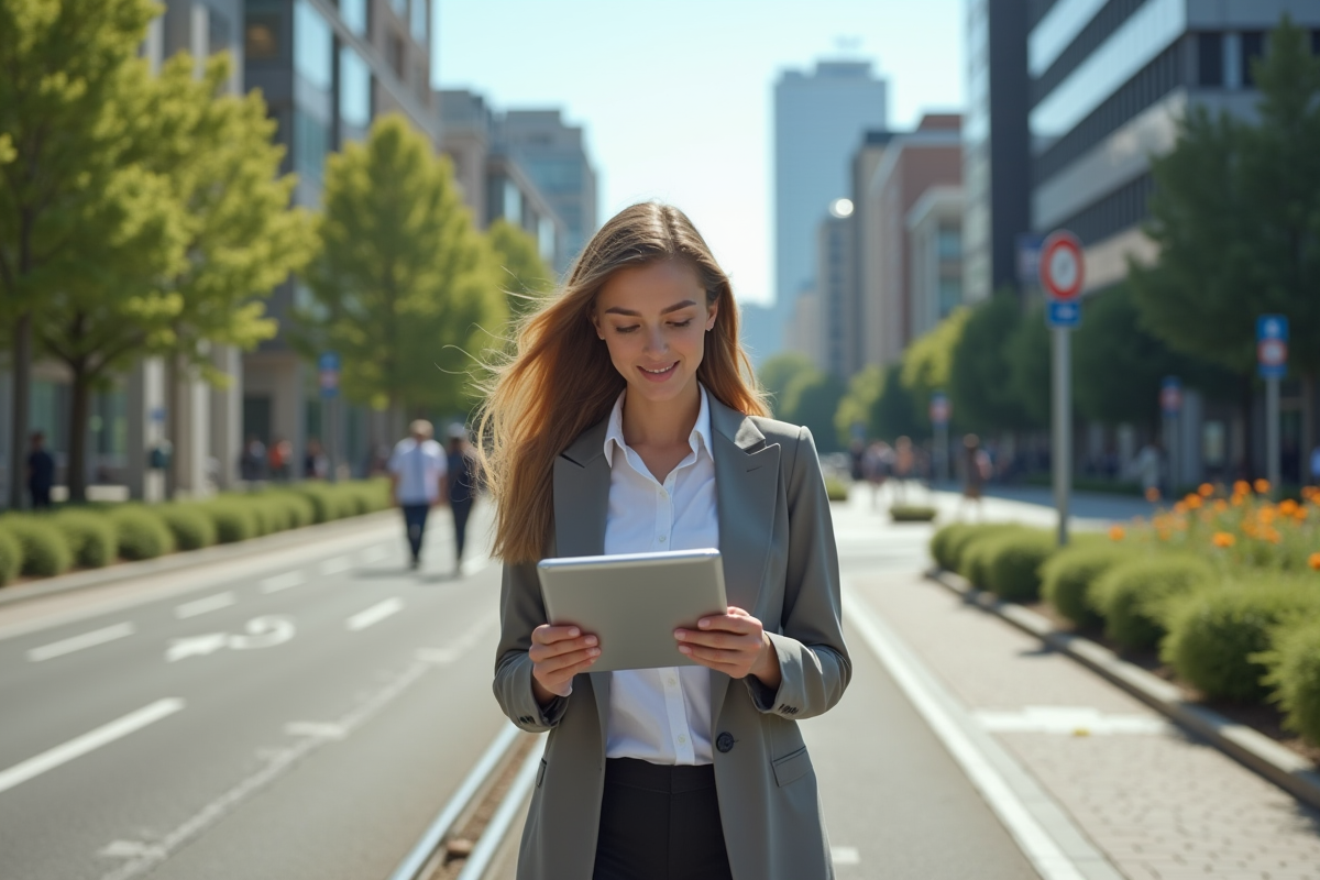 Jeune femme en ville écologique avec tablette numérique