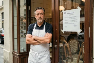 Restaurateur devant la porte fermée de son établissement suite à une fermeture administrative liée à un contrôle sanitaire