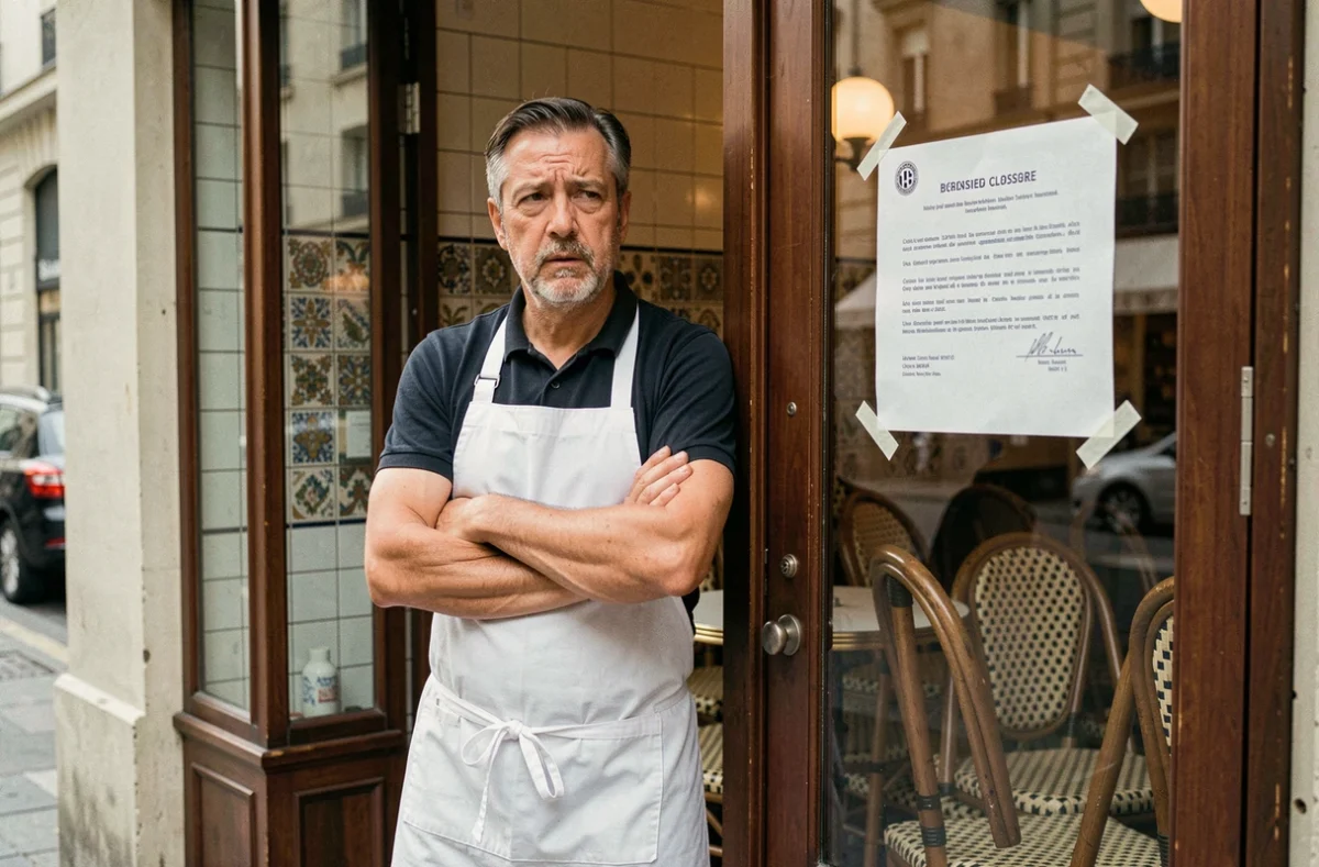 Restaurateur devant la porte fermée de son établissement suite à une fermeture administrative liée à un contrôle sanitaire