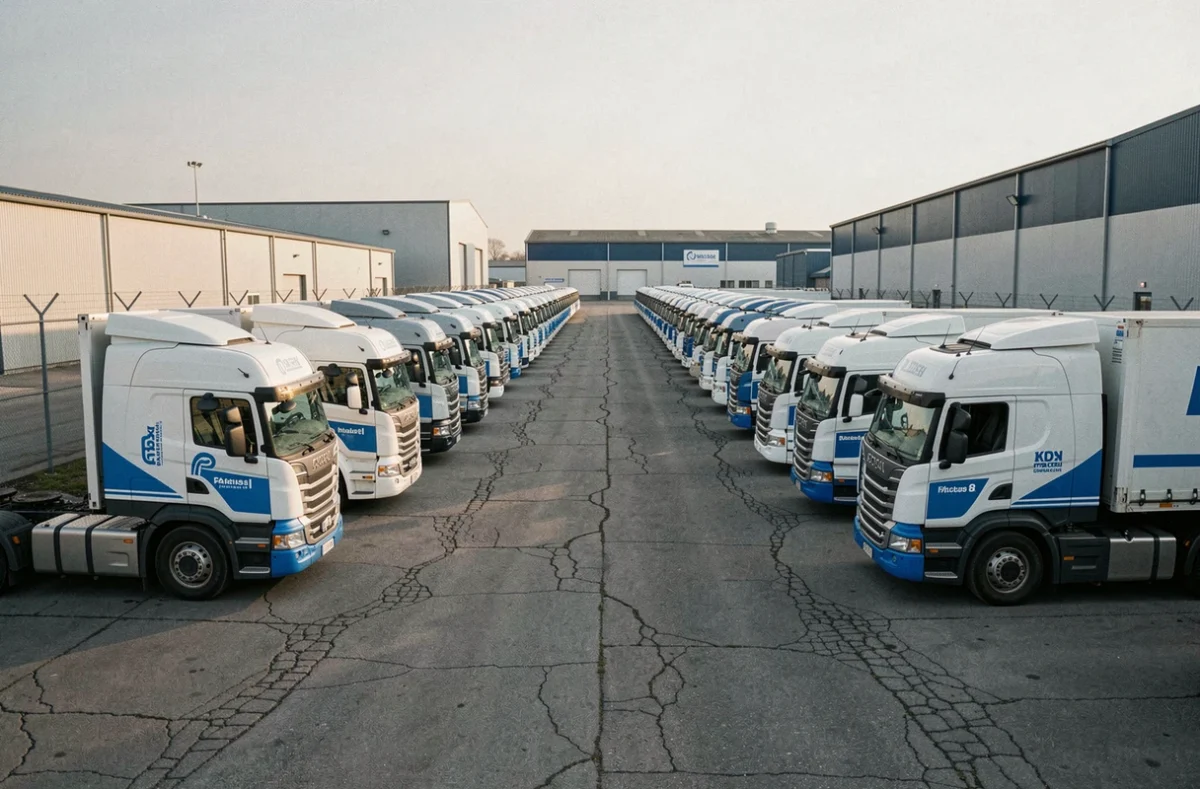 Flotte de camions de transport alignés dans un parc logistique industriel après reprise d'activité