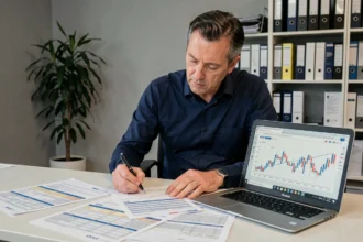 Fonctionnaire étudiant les tableaux d'index ING INSEE pour la révision de prix dans les marchés publics