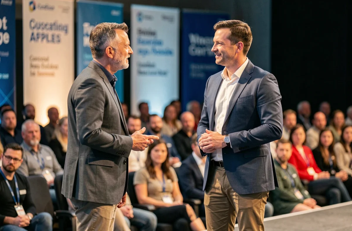 Deux fondateurs de startups françaises côte à côte lors d'une conférence tech, illustrant la comparaison physique des leaders de l'écosystème French Tech