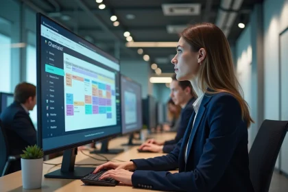 Formatrice professionnelle planifiant des sessions de formation sur un logiciel de gestion Agendis dans un bureau moderne