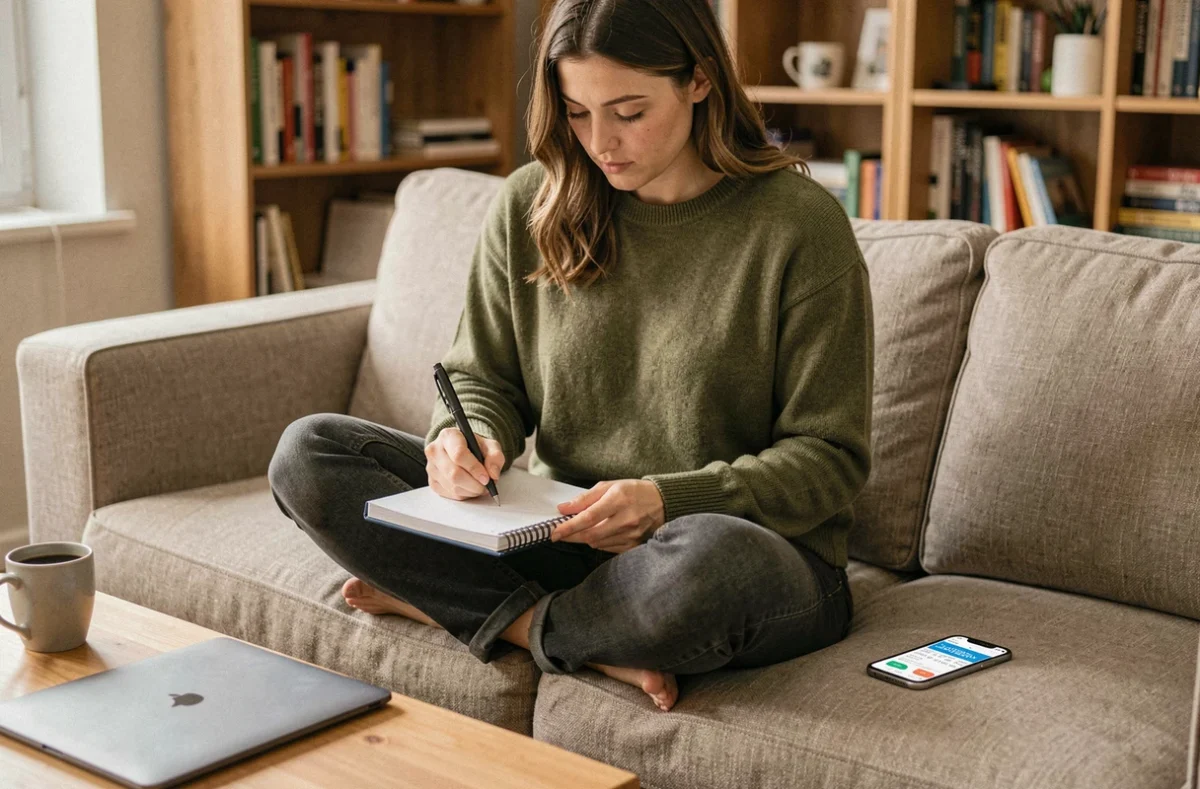 Freelance calculant son taux horaire net dans un carnet à la maison avec application mobile