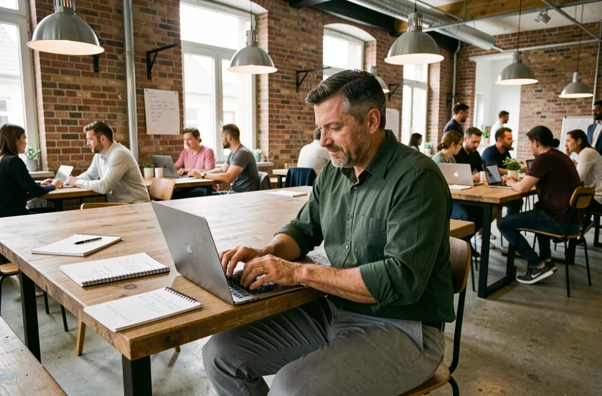 Un freelance en portage salarial travaillant dans un espace de coworking à Mulhouse