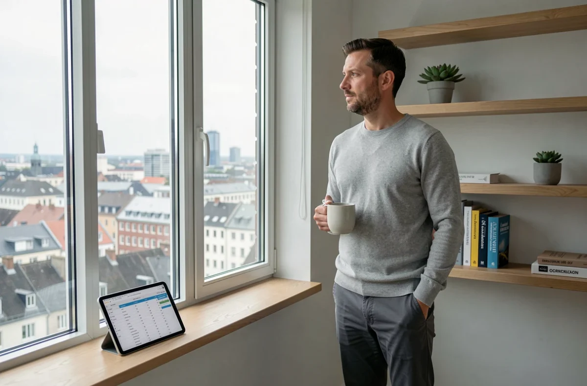 Freelance en portage salarial réfléchissant à son statut devant une fenêtre avec vue sur la ville
