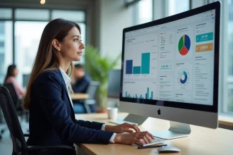 Femme professionnelle gérant des contrats et mises à jour logicielles sur le portail CegidLife dans un bureau moderne