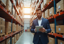 Gestionnaire logistique dans un entrepôt moderne utilisant une tablette