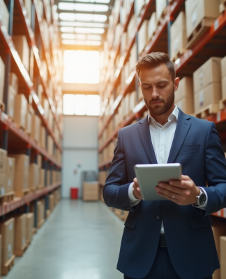 Gestionnaire logistique dans un entrepôt moderne utilisant une tablette