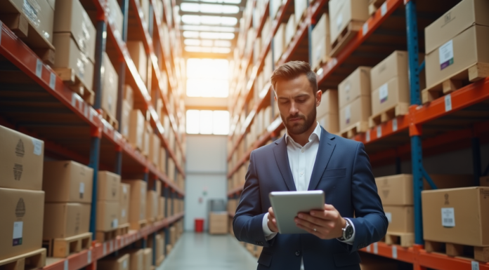 Gestionnaire logistique dans un entrepôt moderne utilisant une tablette