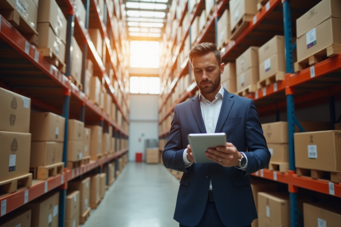 Gestionnaire logistique dans un entrepôt moderne utilisant une tablette