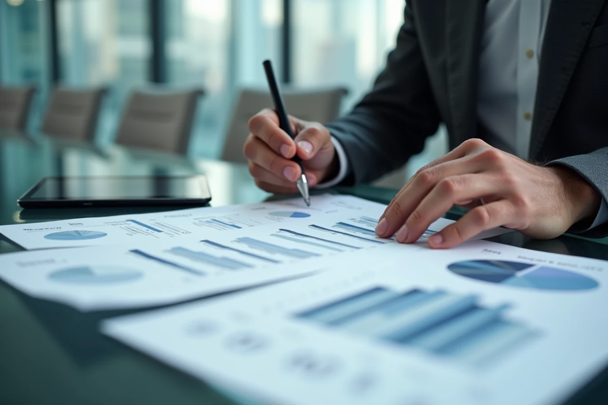 Gros plan sur des mains annotant des rapports financiers avec un tableau de bord de connexion comptable visible sur tablette