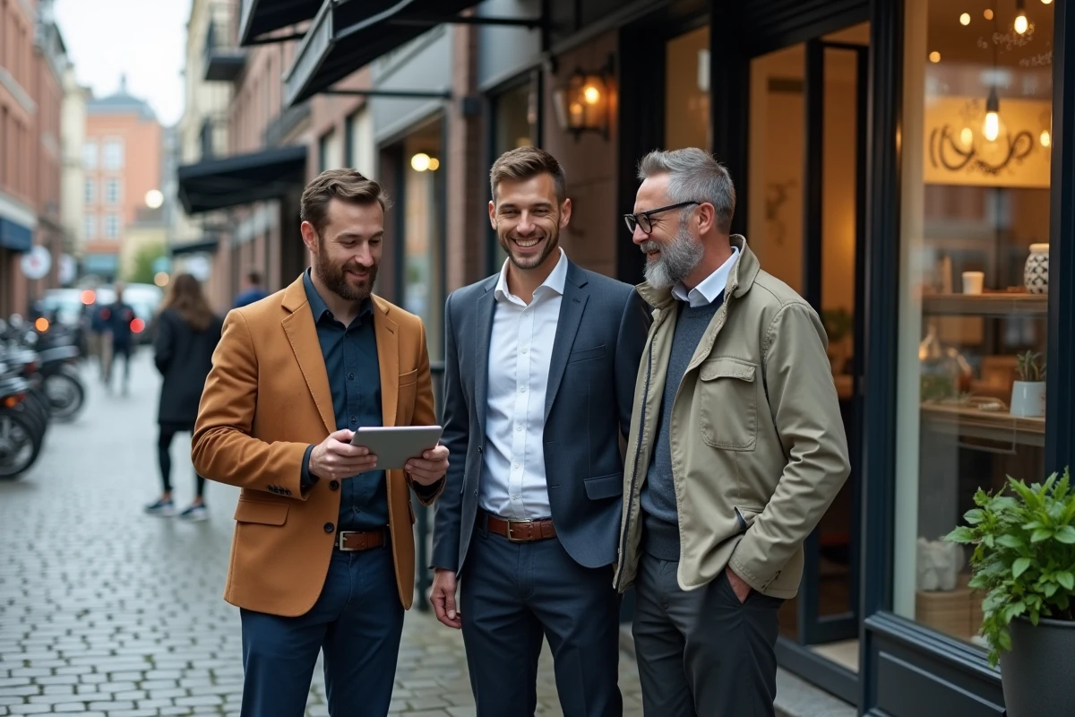 Groupe de trois entrepreneurs discutant devant une boutique urbaine