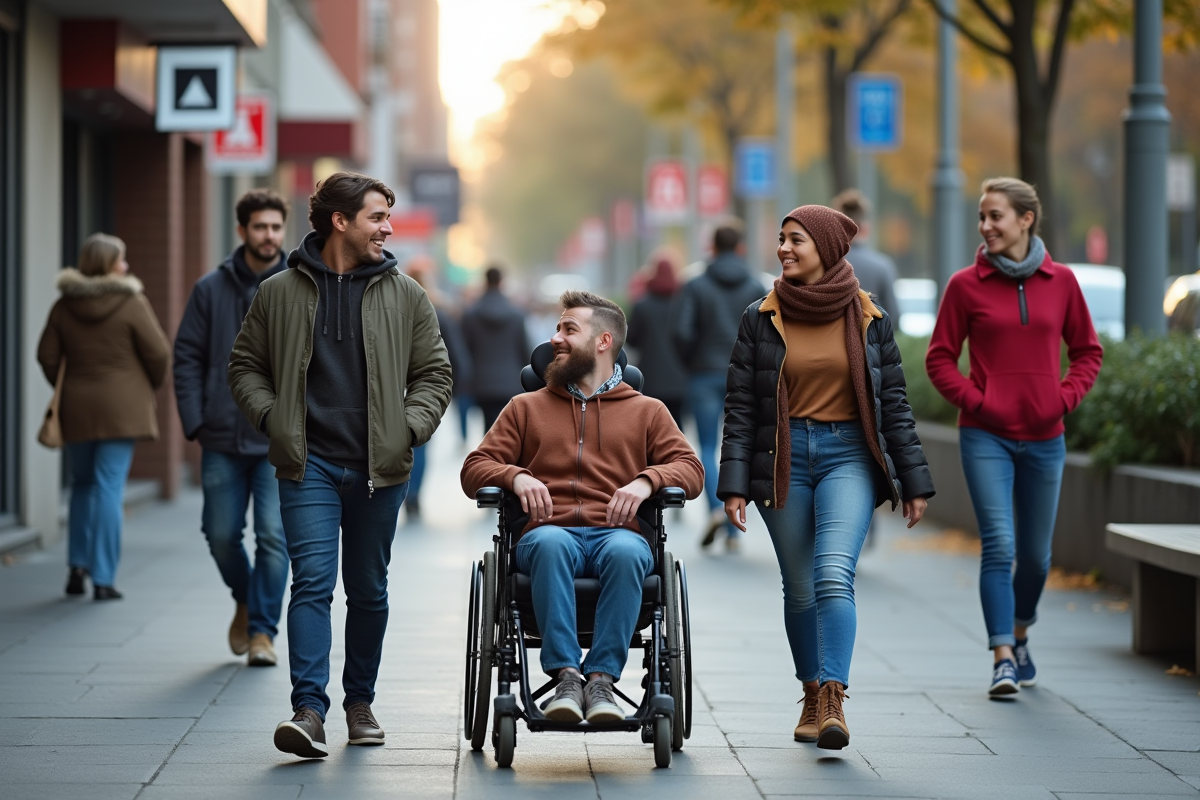 Groupe divers de jeunes adultes marchant en ville