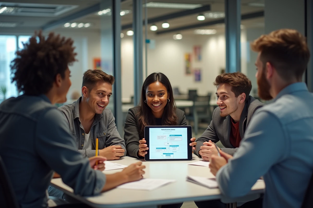 Groupe d'étudiants en réunion dans un espace moderne