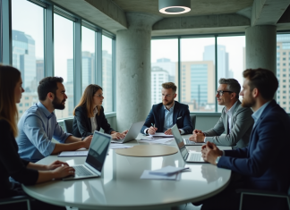 Externalisation : avantages et inconvénients à connaître pour votre entreprise Groupe de professionnels en réunion dans un bureau moderne