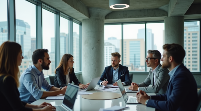 Groupe de professionnels en réunion dans un bureau moderne