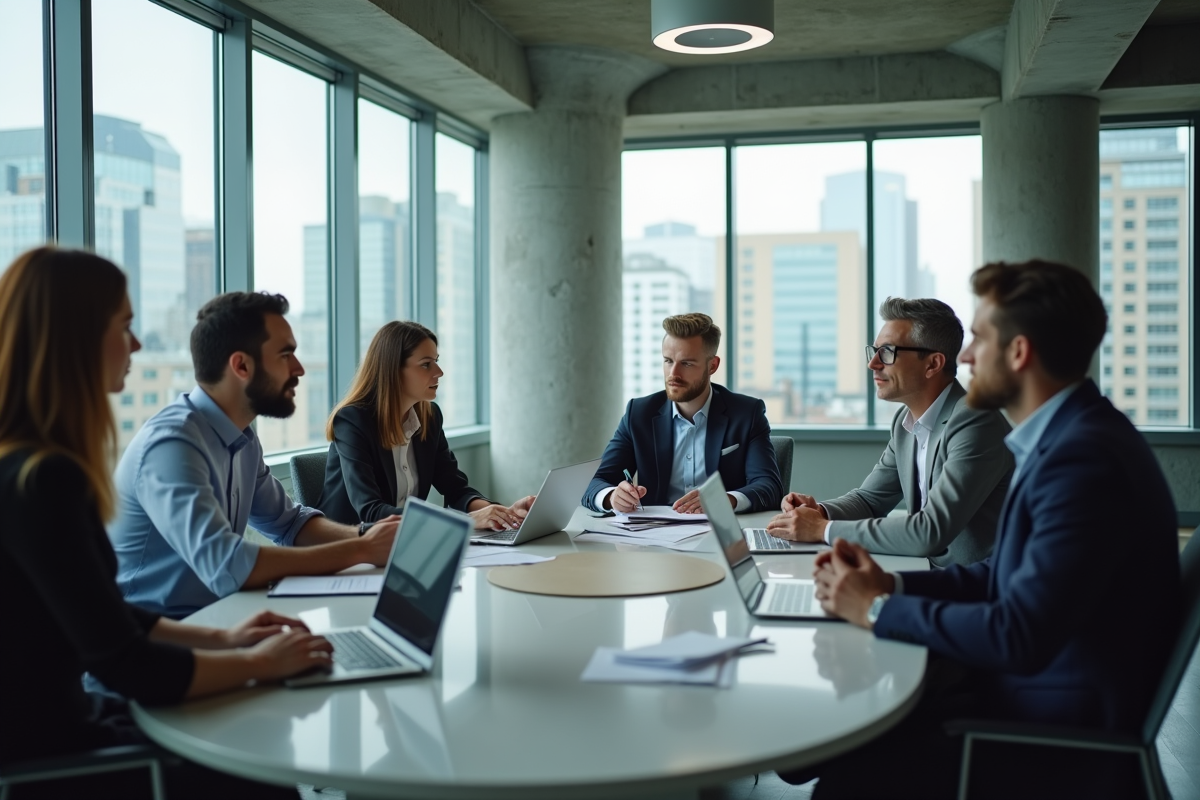 Groupe de professionnels en réunion dans un bureau moderne