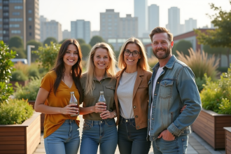 Groupe divers d'adultes dans un jardin urbain écologique