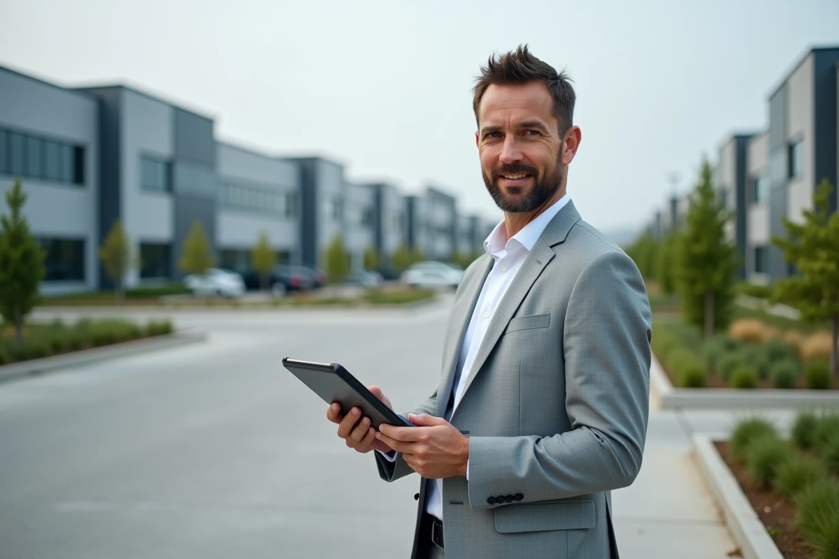 Homme d'affaires consultant une carte d'opportunités territoriales sur tablette devant une zone d'activité commerciale