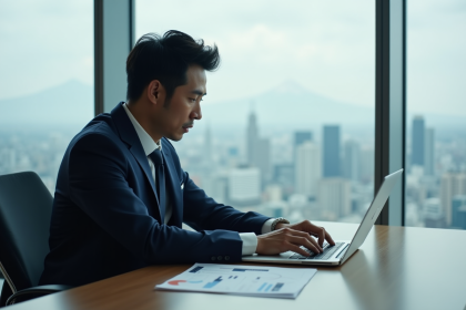 Homme d'affaires japonais en costume regardant des graphiques financiers