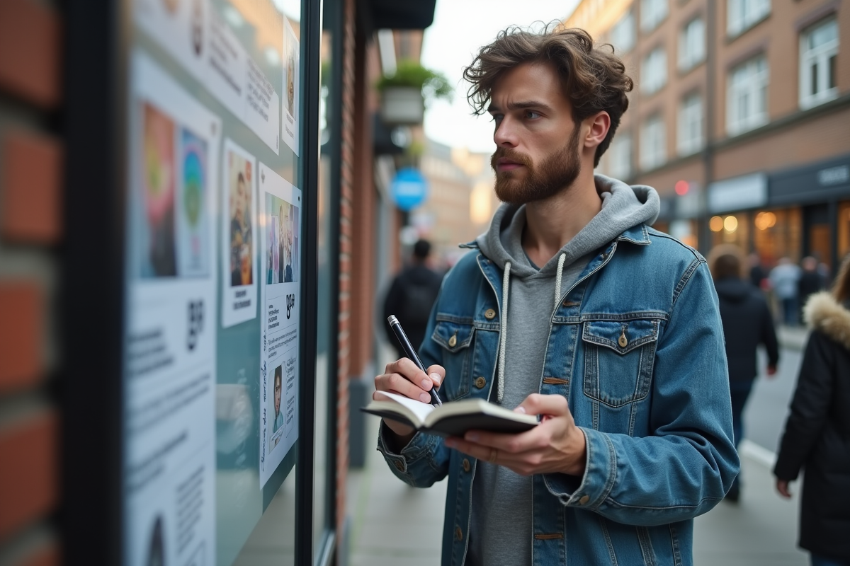 Homme regardant un panneau d
