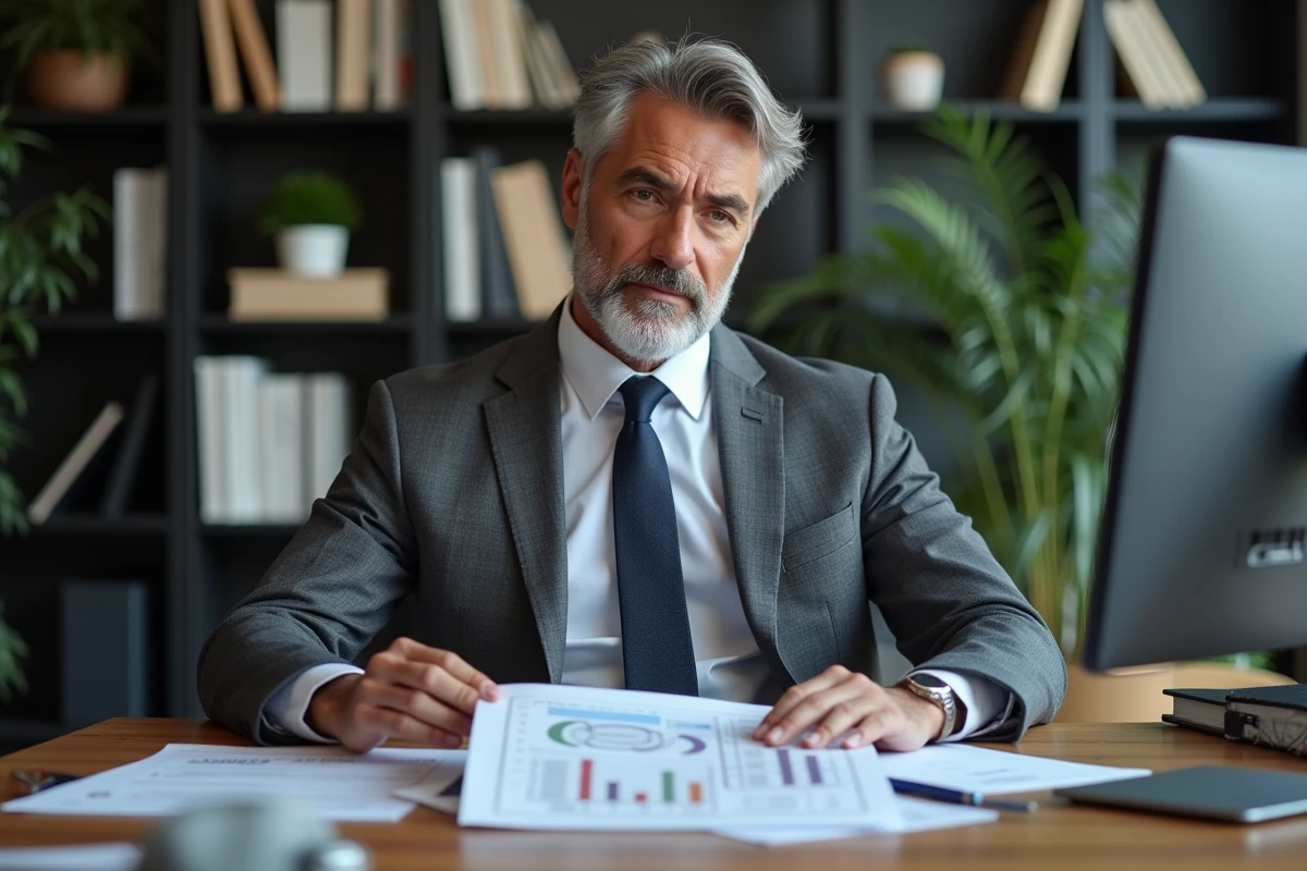 Homme en costume gris analysant des rapports marketing au bureau