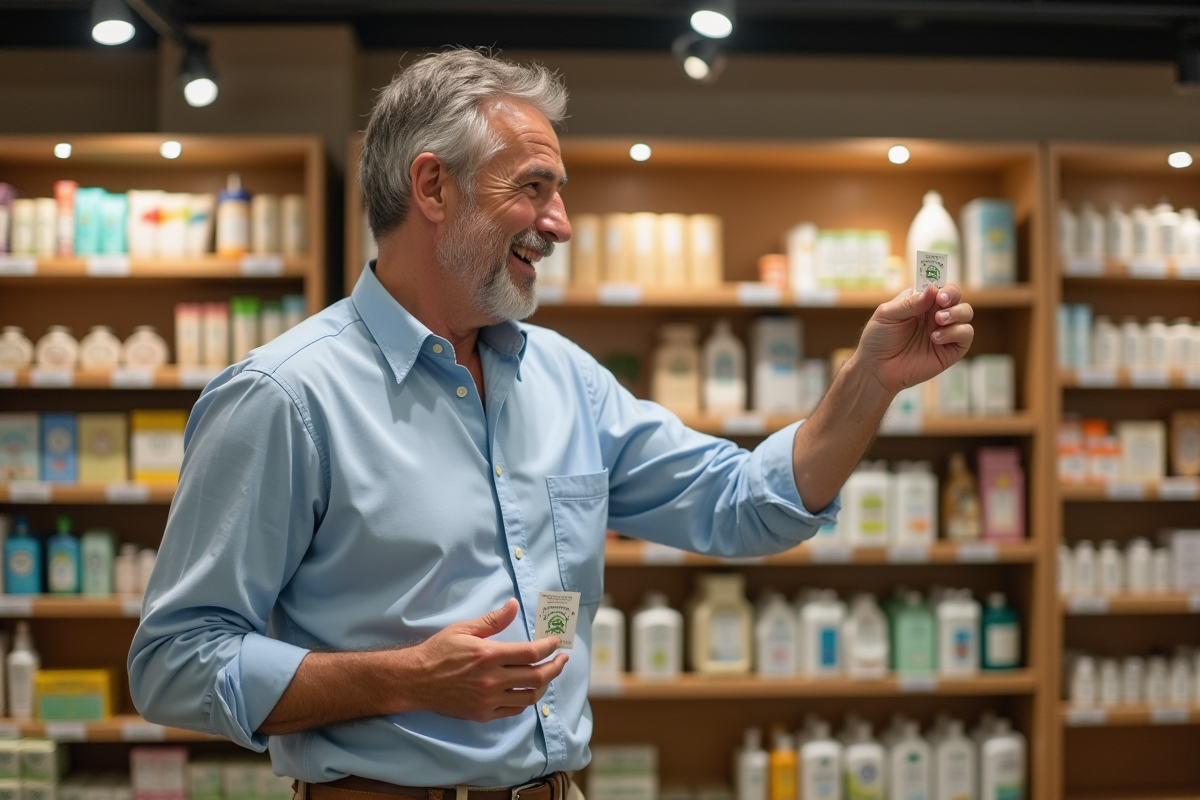 Homme posant un ecolabel sur un produit en magasin