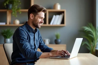Homme en chemise navy travaillant à un bureau moderne