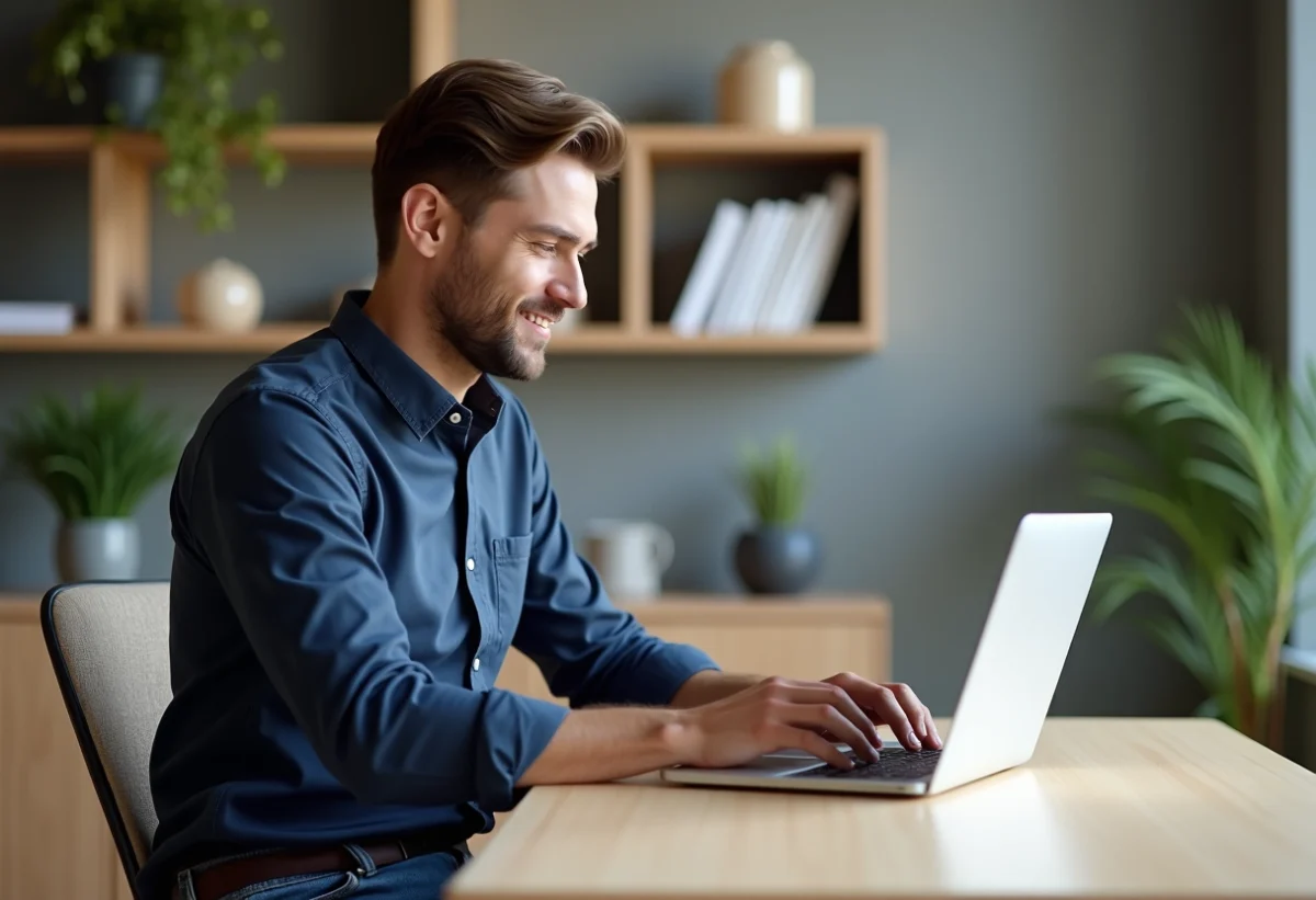 Homme en chemise navy travaillant à un bureau moderne