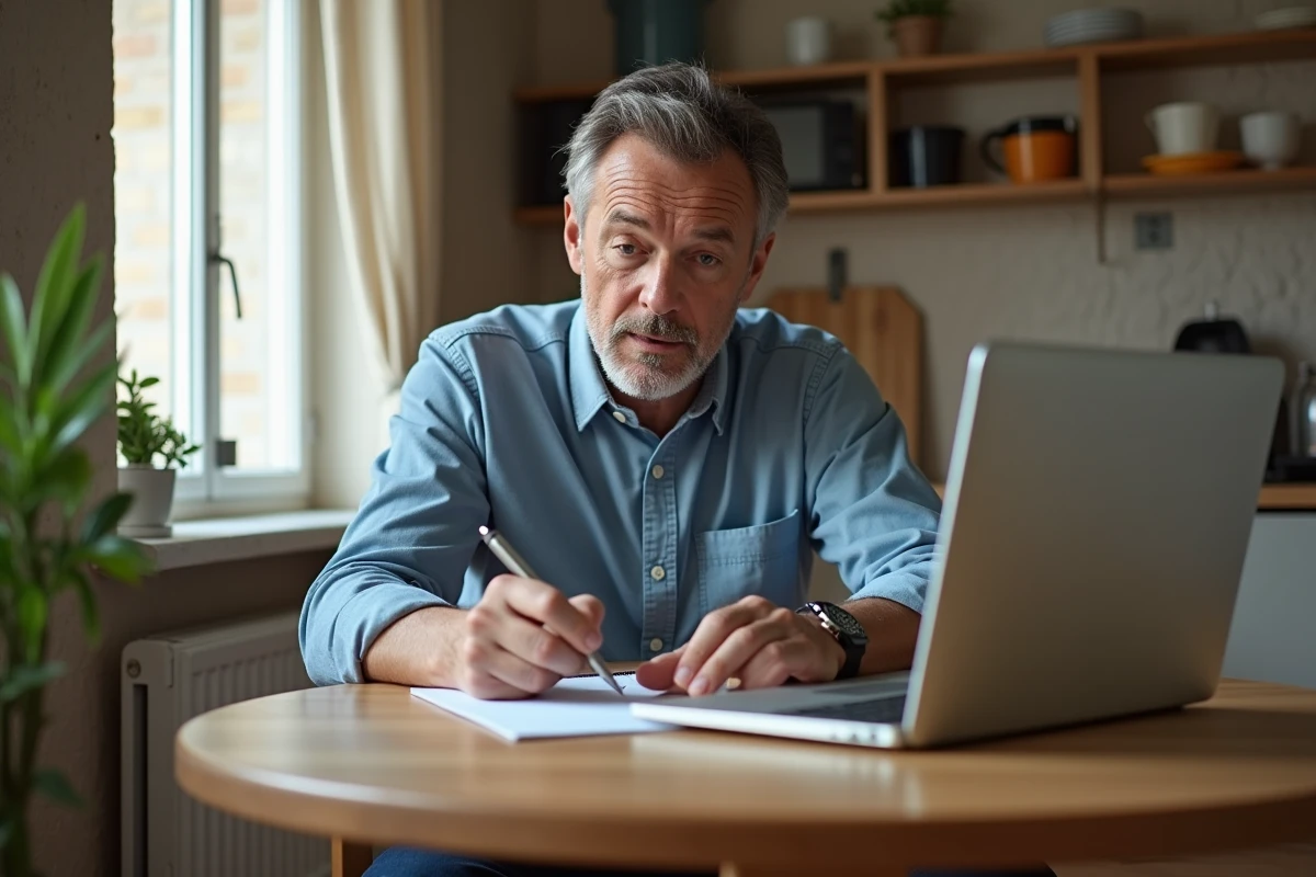 Homme au travail à domicile calculant ses heures