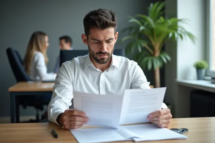 Homme cadre lisant attentivement deux documents officiels comparant le CSP et le CDI de reclassement sur un bureau en bois